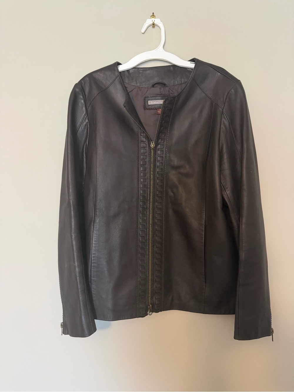 Isabella Bird Vintage Espresso Brown Genuine Leather Collarless Jacket Zip M